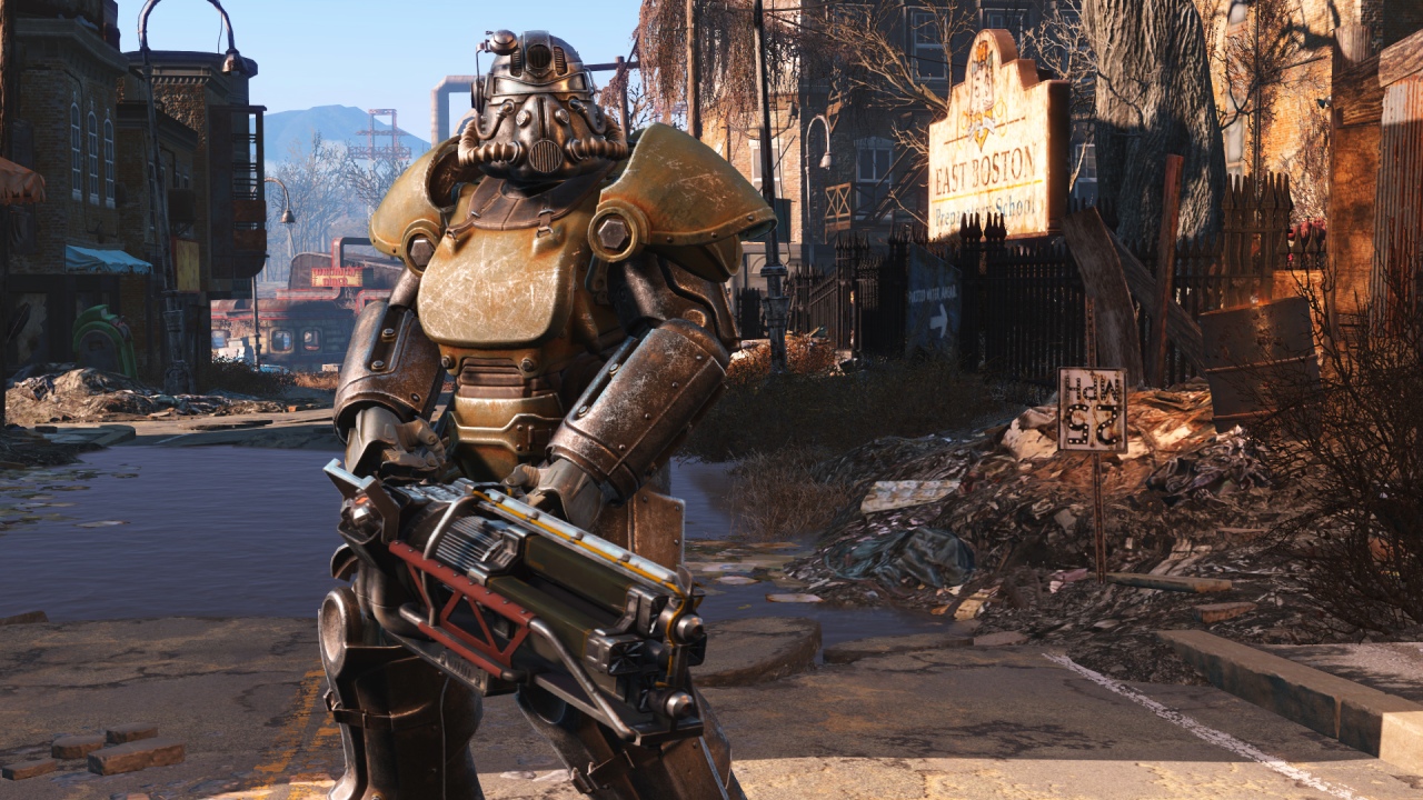 A screenshot of a player in Power Armor from Fallout 4.