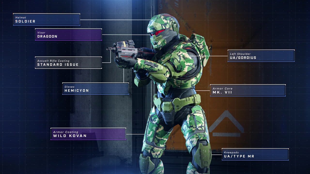 A promotional screenshot highlighting various customization options in Halo Infinite.