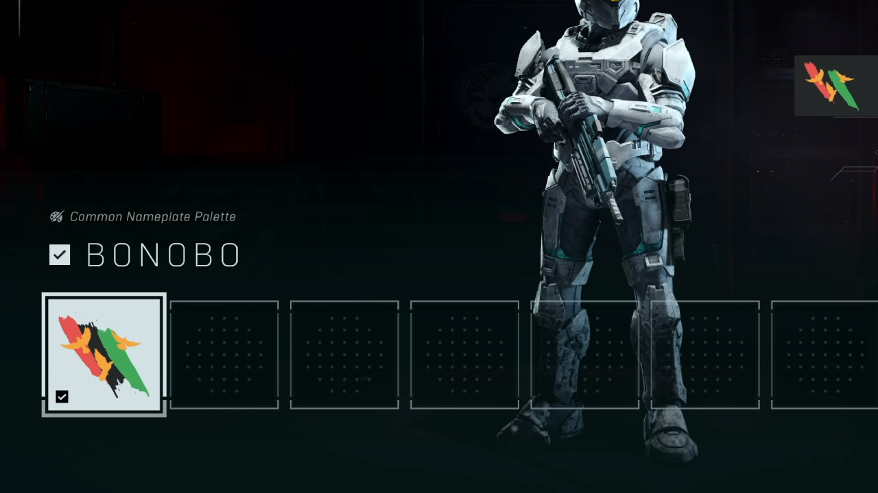 A screenshot from Halo Infinite's customization menus, showing how the Juneteenth emblem's palette was initially named Bonobo.