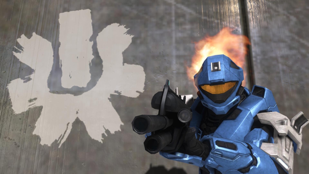 A screenshot from Halo 3, featuring Bungie's 'Seventh Column' emblem and a Spartan wearing armor associated with Bungie employees, such as the Recon helmet and 'flaming head' chest.