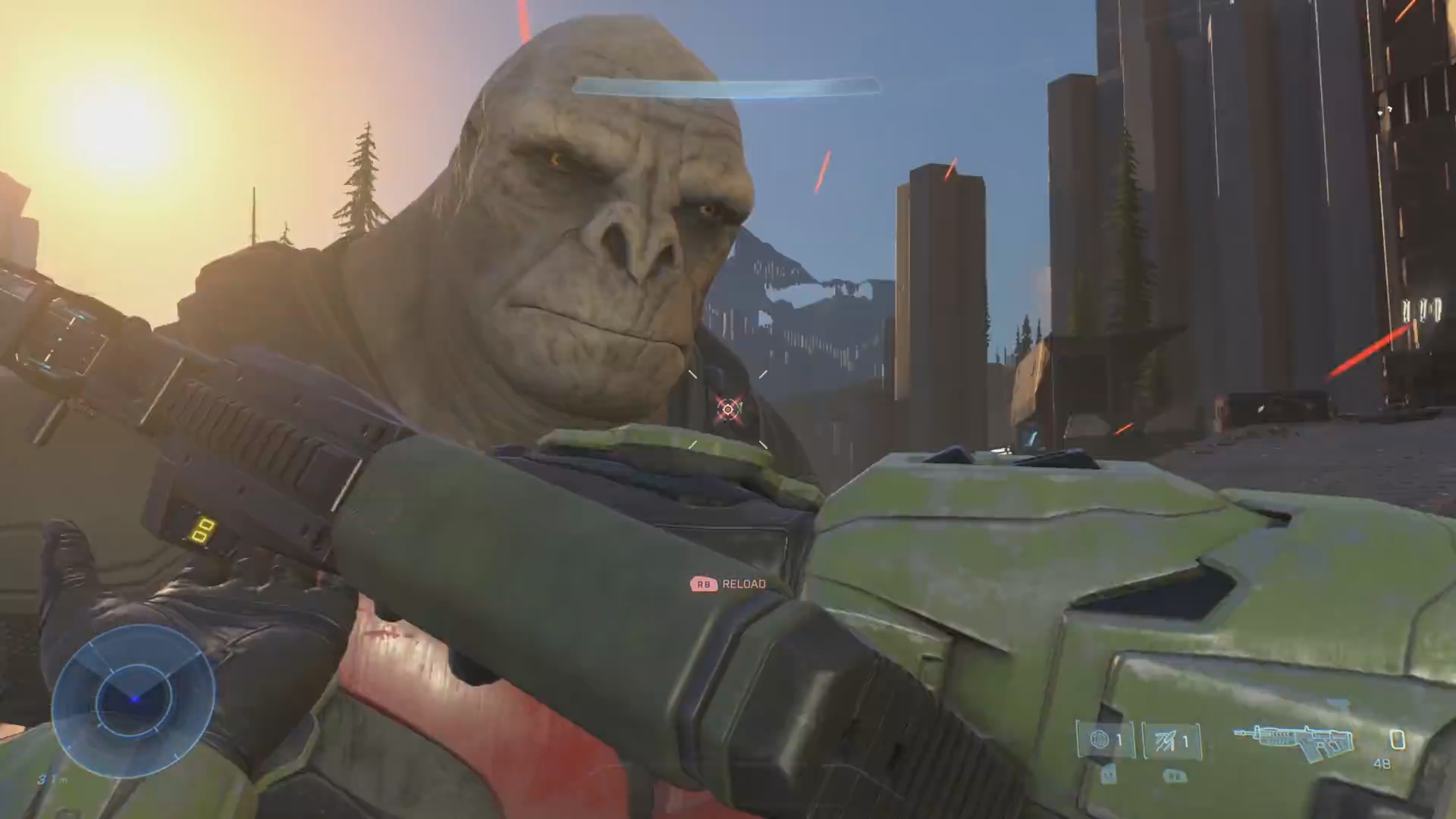 A still frame from Halo Infinite's 2020 campaign demonstration, featuring a particularly infamous shot of a Brute with a neutral expression, nicknamed 'Craig'.
