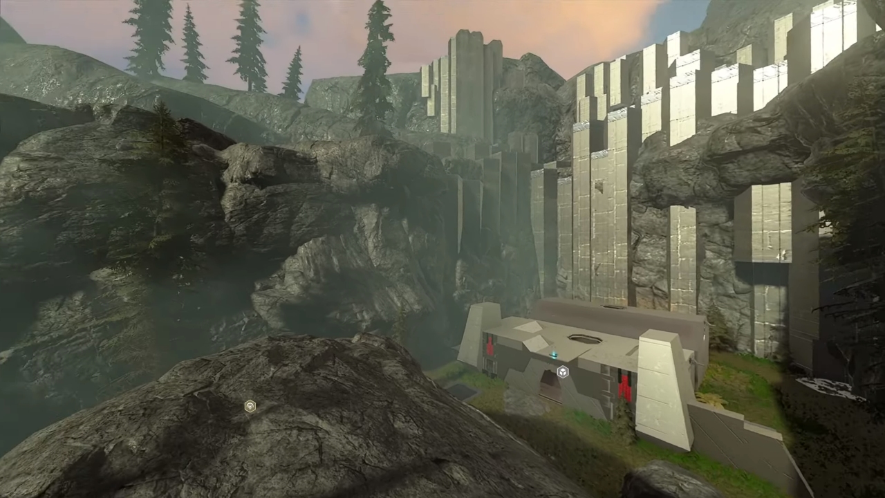 A screenshot of a map made by prominent community member UneeQ using the leaked Forge build; a remake of Beaver Creek from Halo: Combat Evolved.