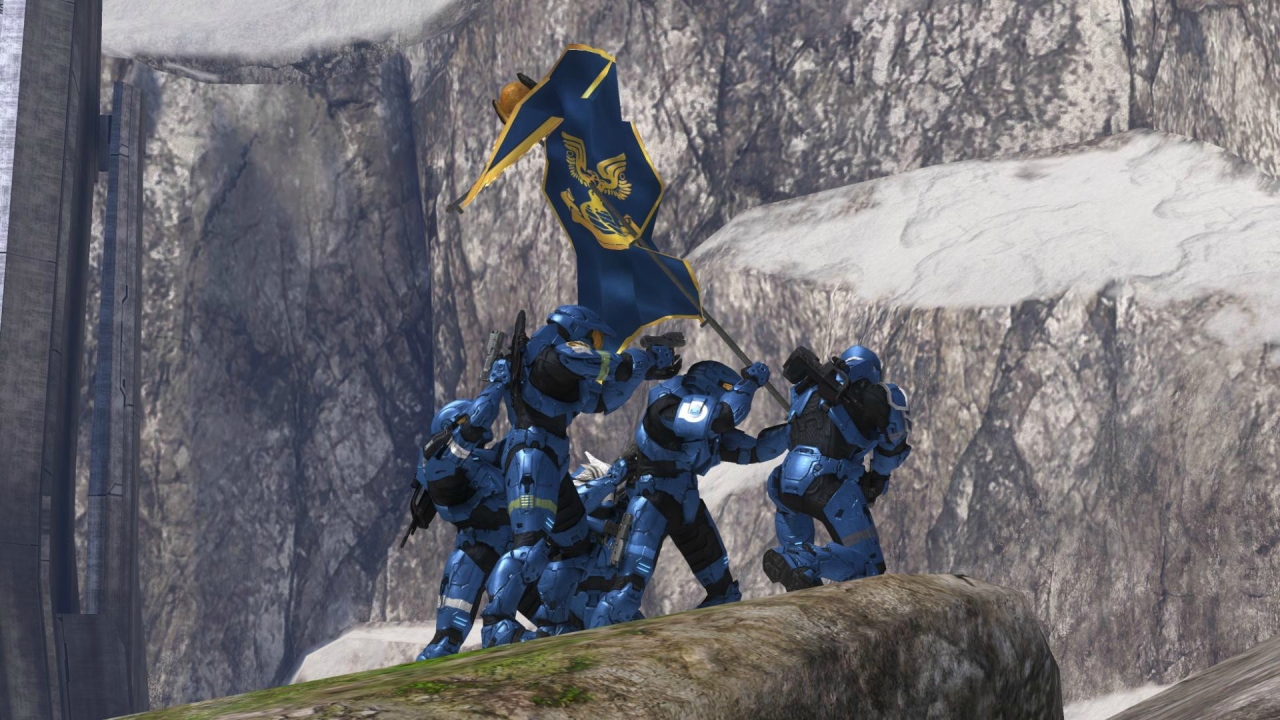A famous community-made screenshot from Halo 3 multiplayer, re-enacting the famous flag raising at the Battle of Iwo Jima in World War II.