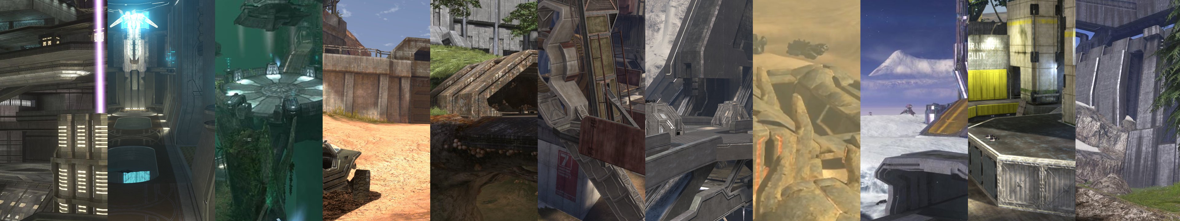 A collage of Halo 3's multiplayer maps at launch.