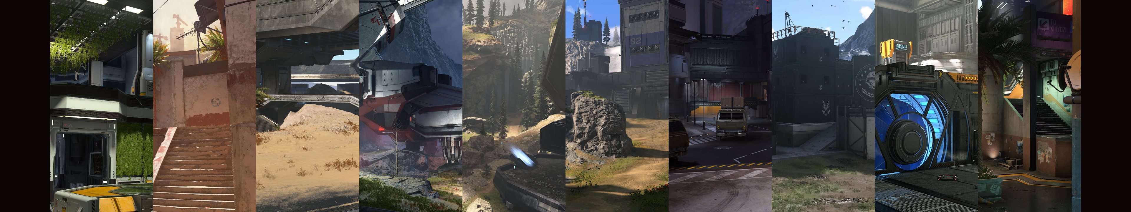 A collage of Halo Infinite's multiplayer maps at launch.