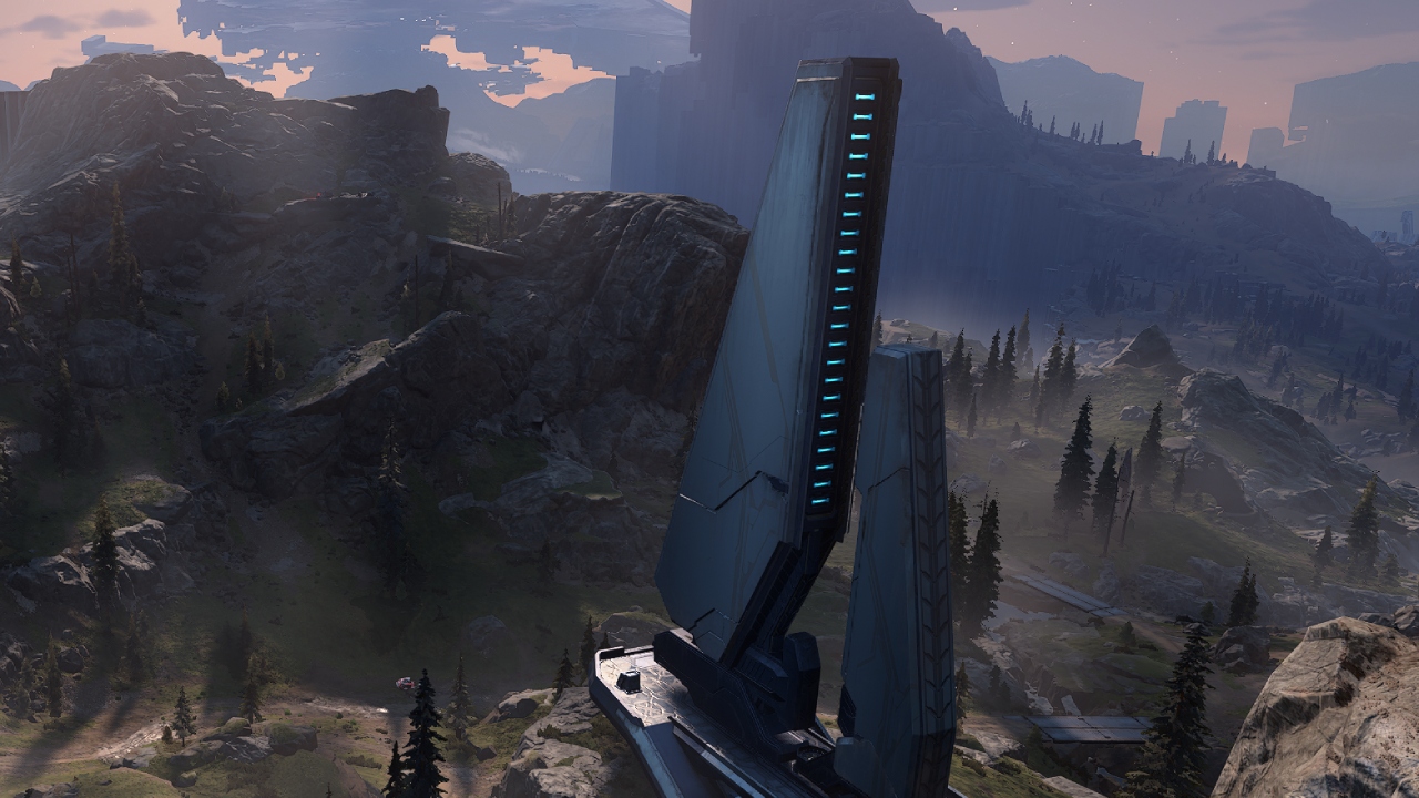 A screenshot showing a vast overhead view of Halo Infinite's open world.