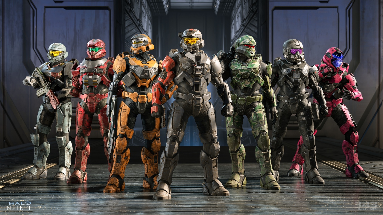 A promotional screenshot of various multiplayer Spartans from Halo Infinite.