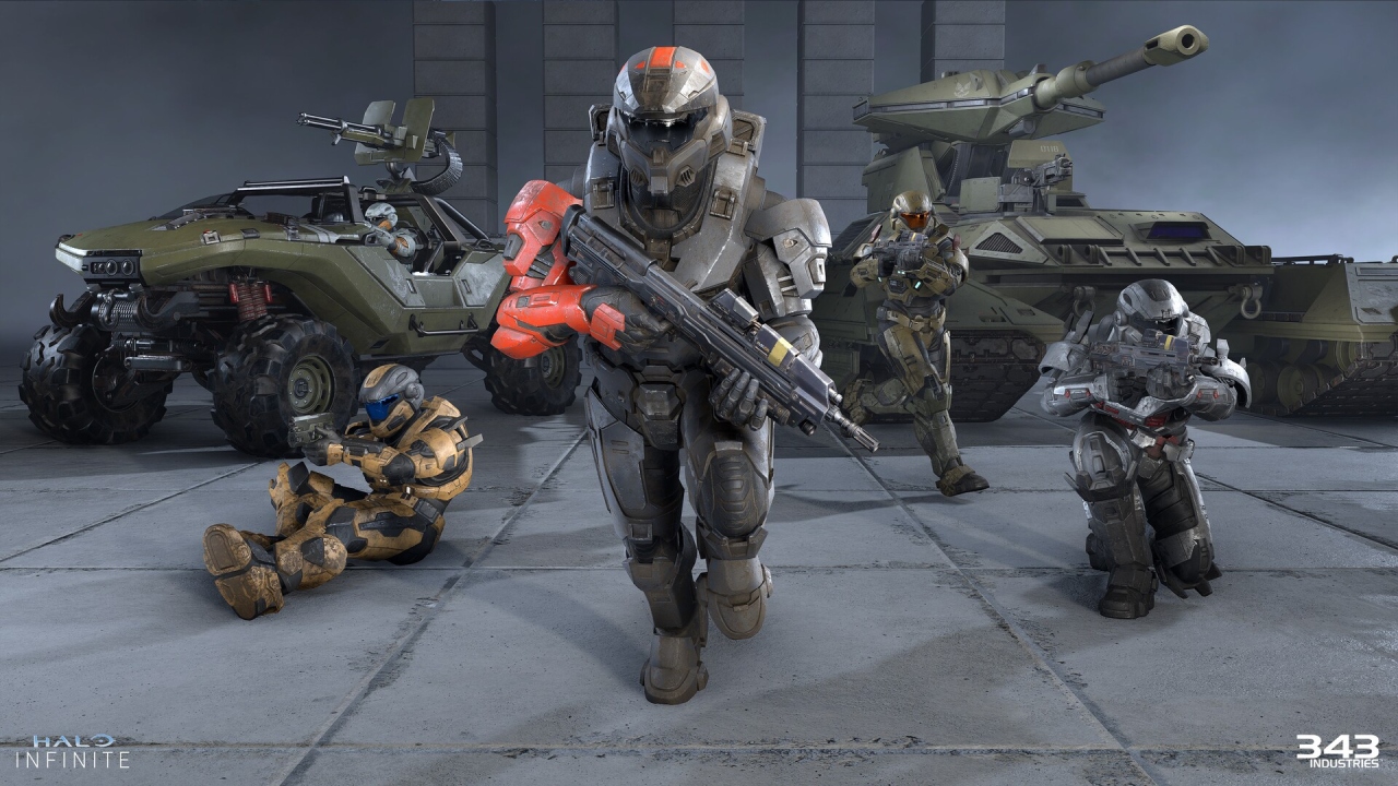 A promotional screenshot for Big Team Battle in Halo Infinite.