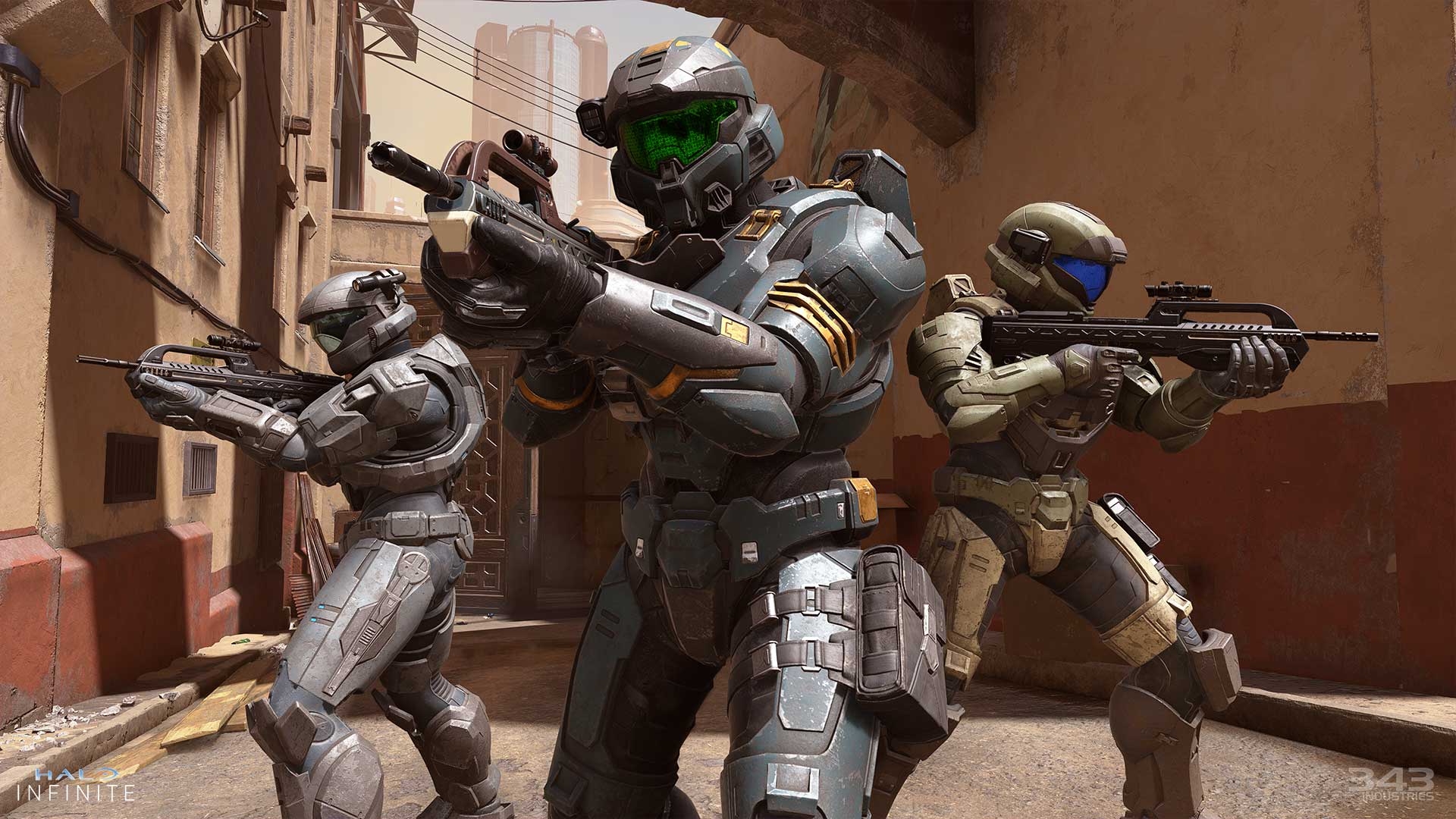 A group of three Spartans in a promotional screenshot for Tactical Slayer in Halo Infinite.