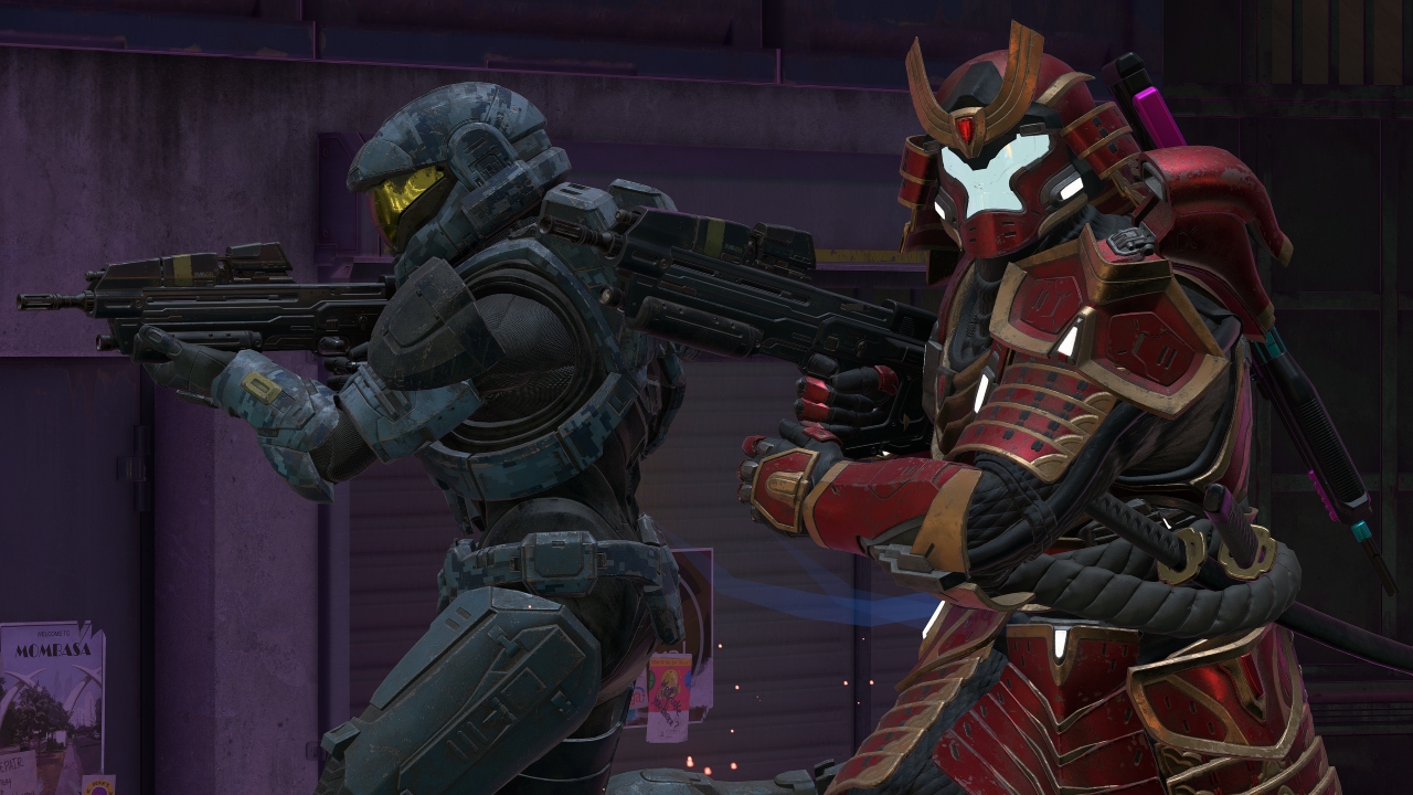 A screenshot of two Spartans in Halo Infinite multiplayer.