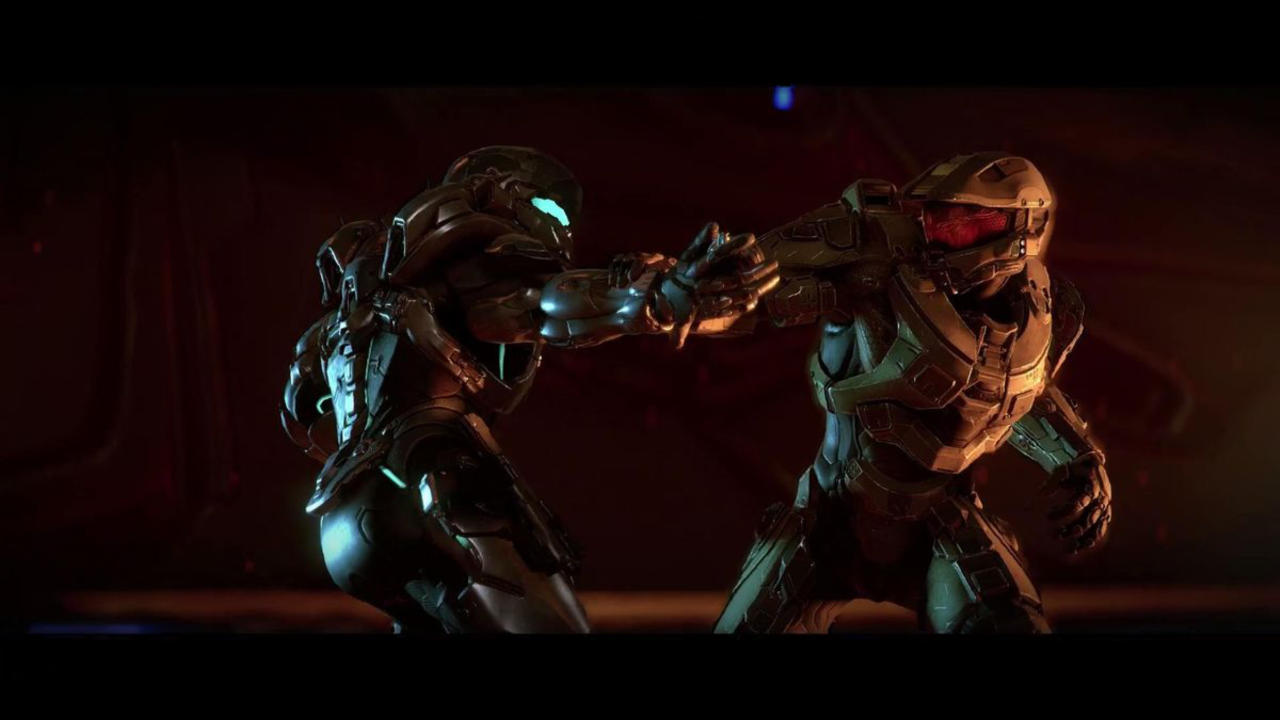 A screenshot from Halo 5: Guardians, with Spartan Locke engaged in hand-to-hand combat with Master Chief.
