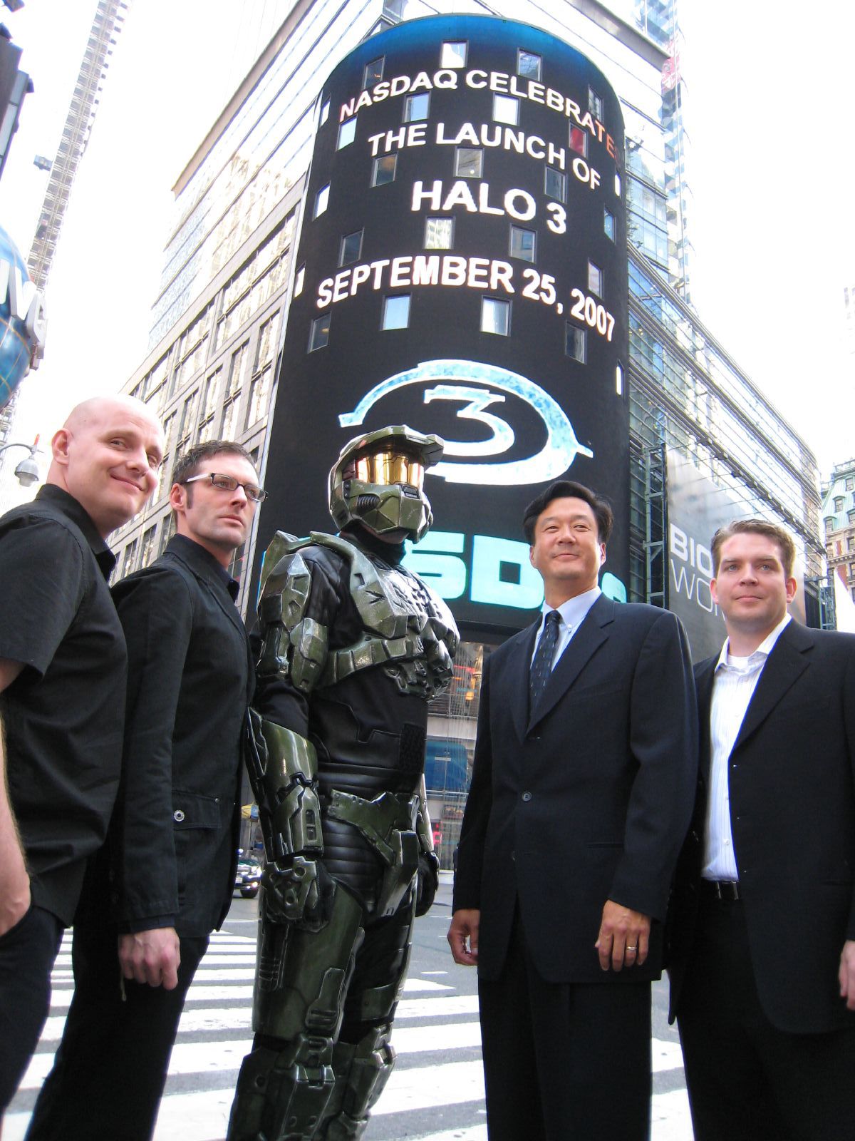 A picture of 'Master Chief' standing in front of the NASDAQ building to celebrate the launch of Halo 3.