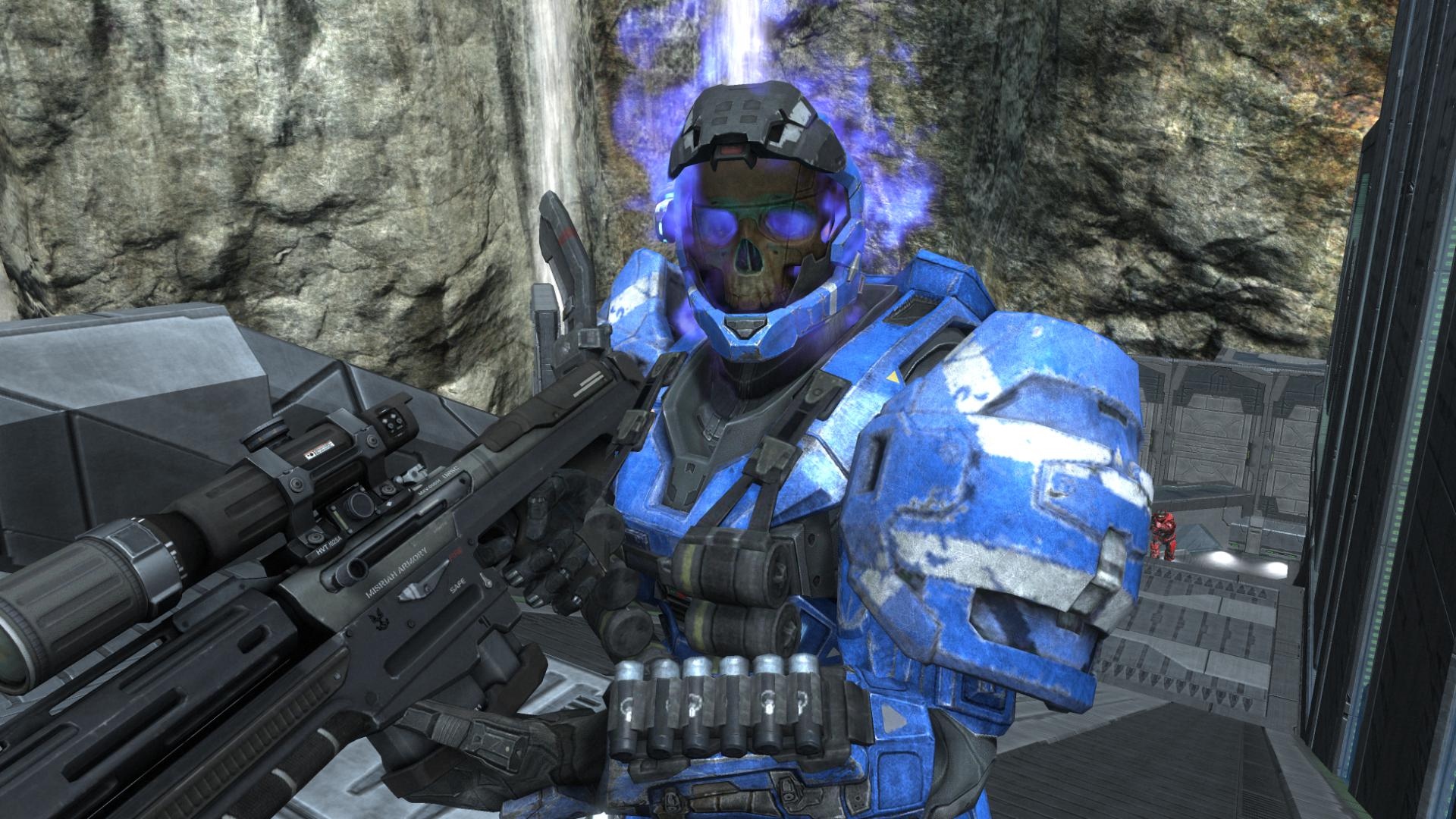 A screenshot of a player in Halo: Reach equipped with various high-level items, such as the Haunted helmet.