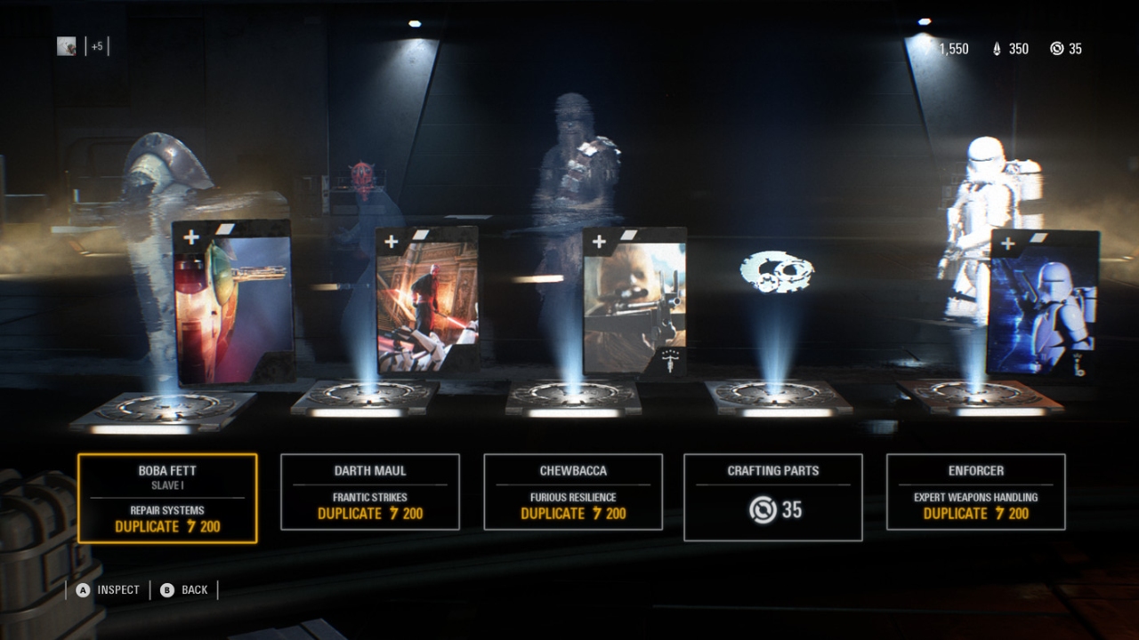 A screenshot of loot boxes being opened in Star Wars Battlefront II.