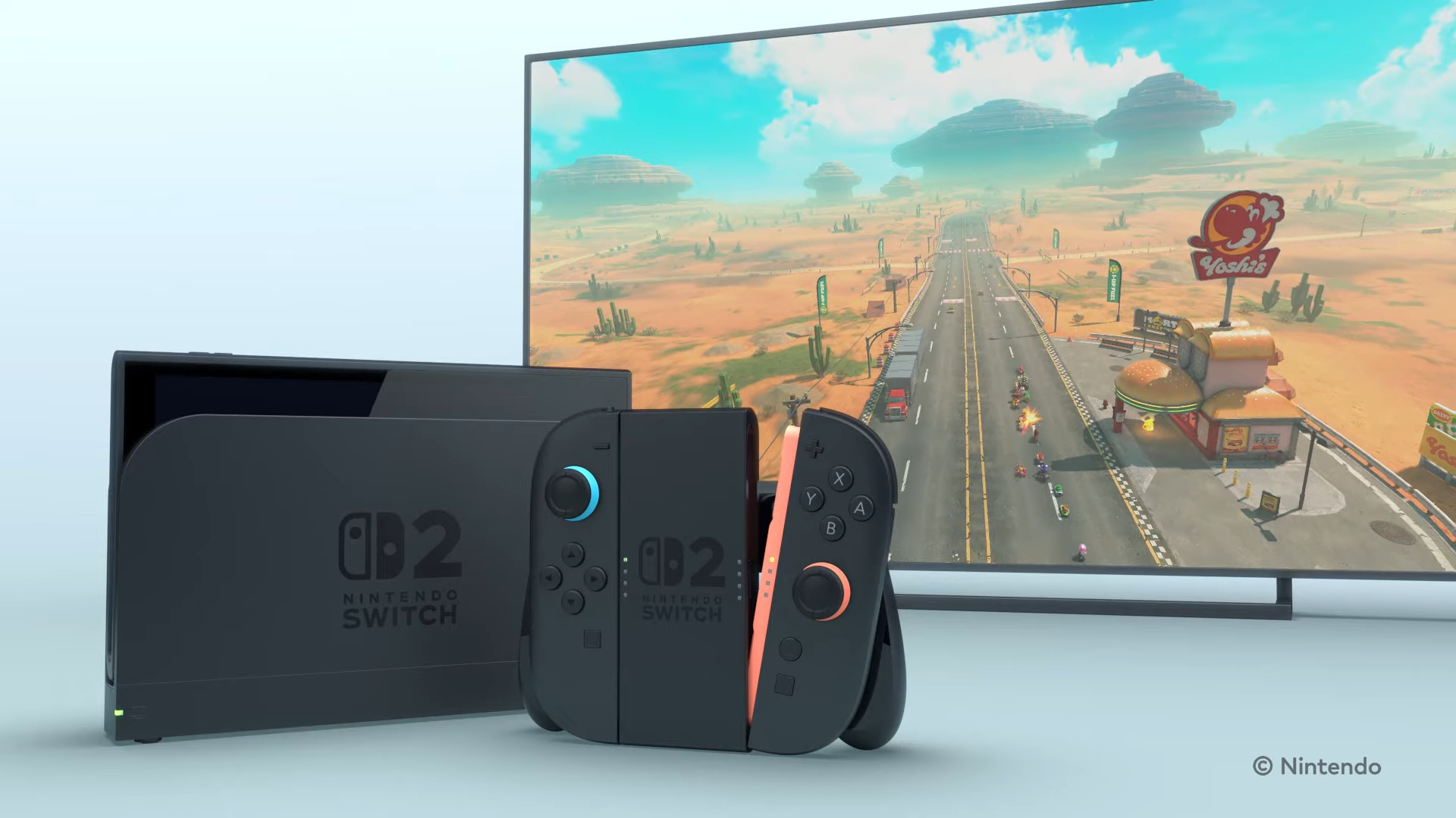 A screenshot from the Nintendo Switch 2 reveal trailer, with Mario Kart World being played on a TV behind the console.