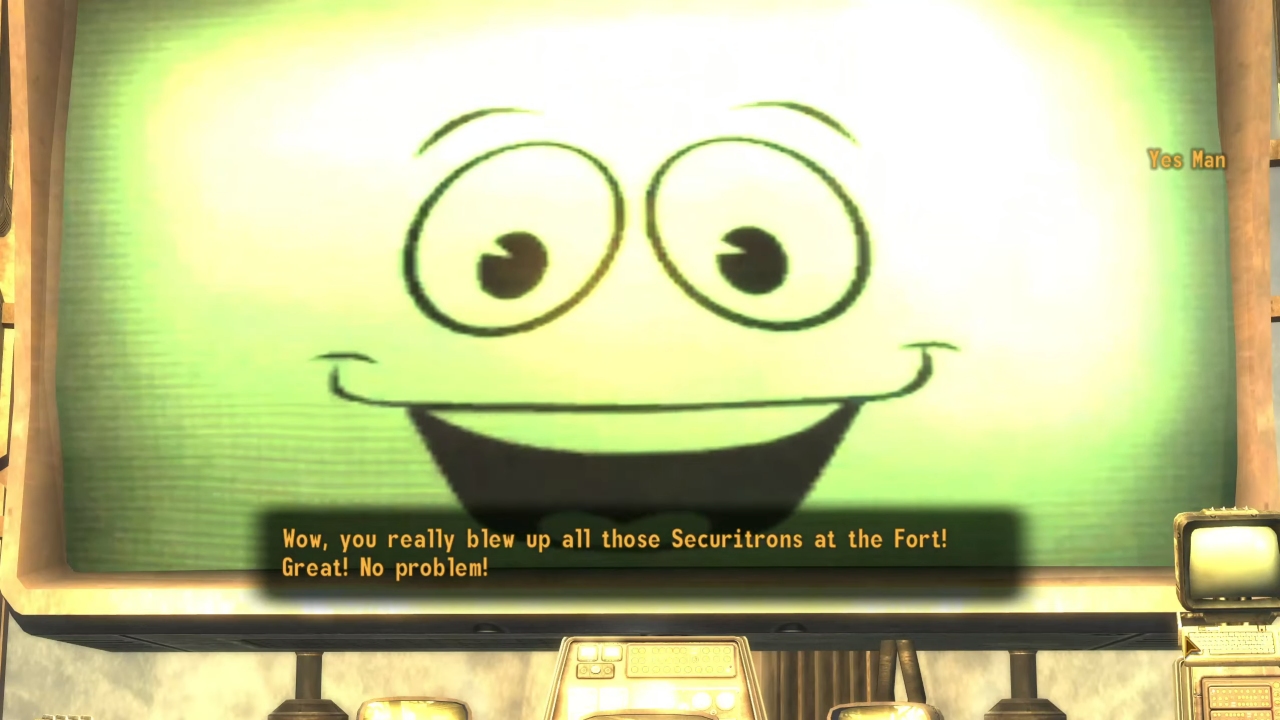 A screenshot of Yes Man discovering the destruction of your Securitron army from Fallout: New Vegas.