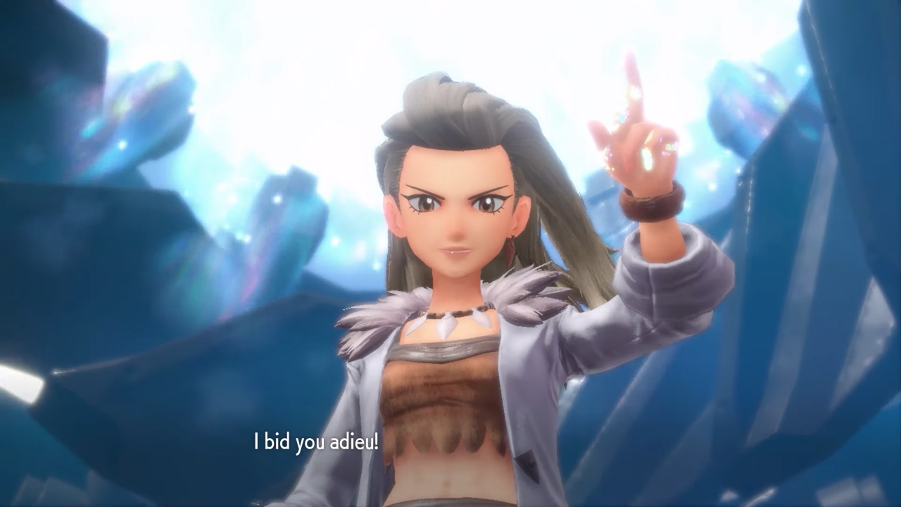 A screenshot of Professor Sada's farewell in Pokémon Scarlet.