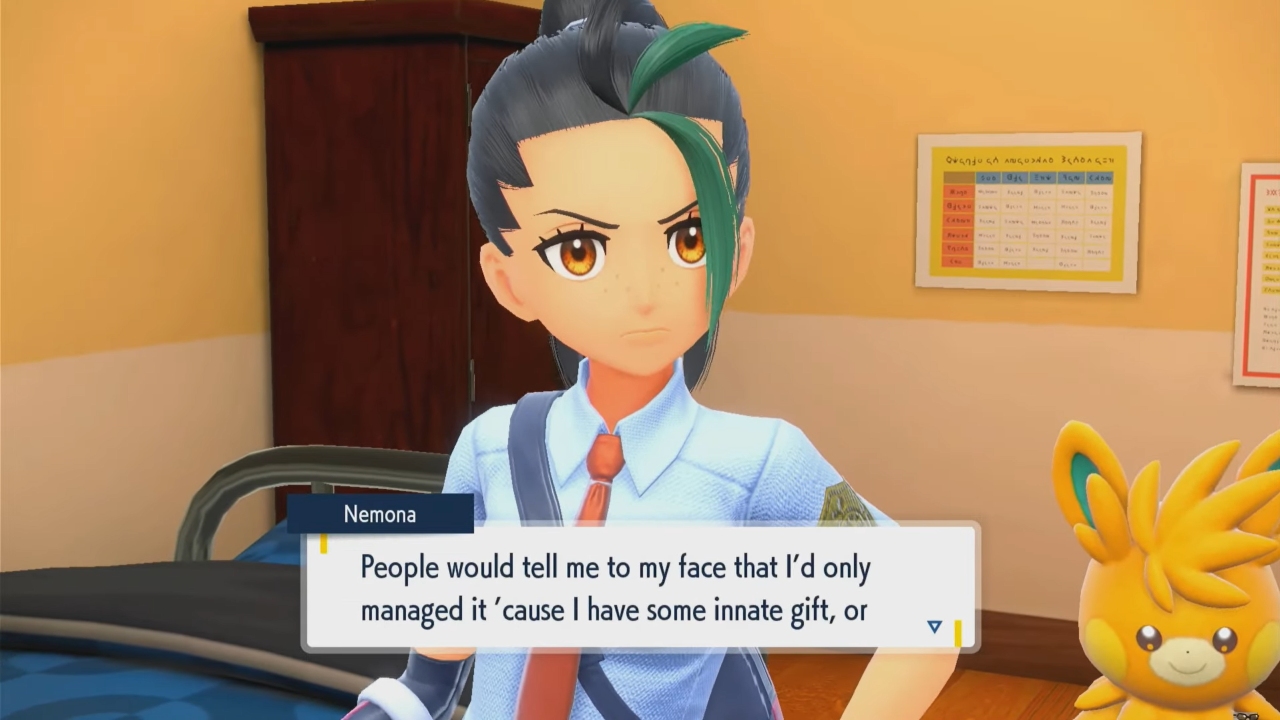 A screenshot of Nemona from Pokémon Scarlet.