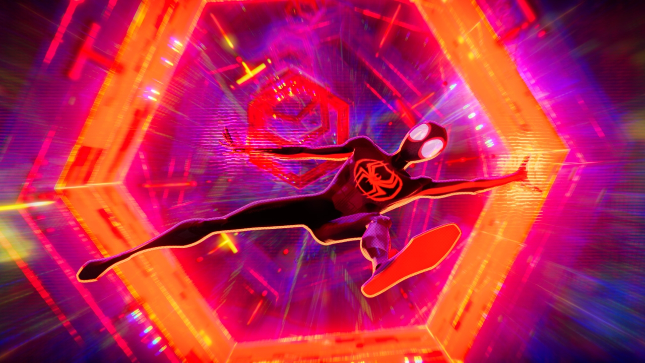 A screenshot of Miles travelling the multiverse from Spider-Man: Across the Spider-Verse.