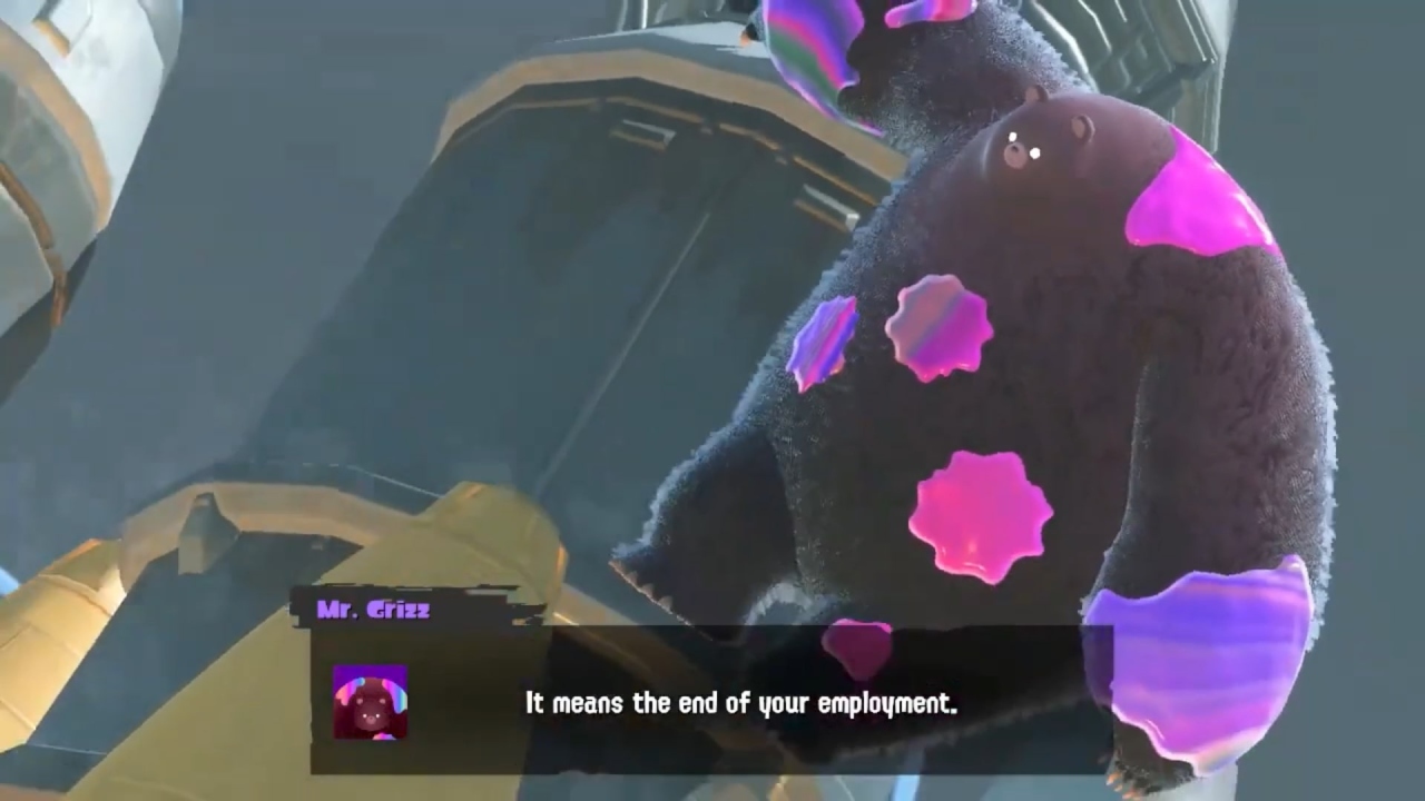 A screenshot of Mr. Grizz from Splatoon 3.