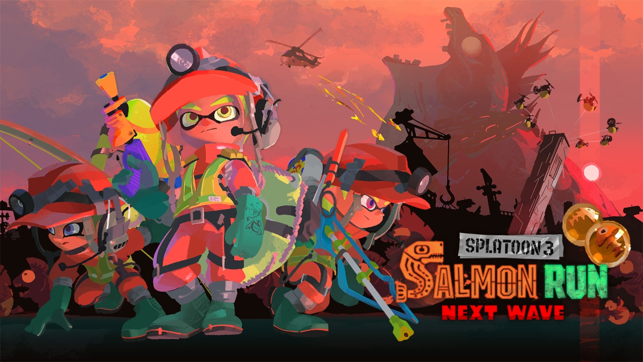 A poster promoting Splatoon 3's Salmon Run mode.