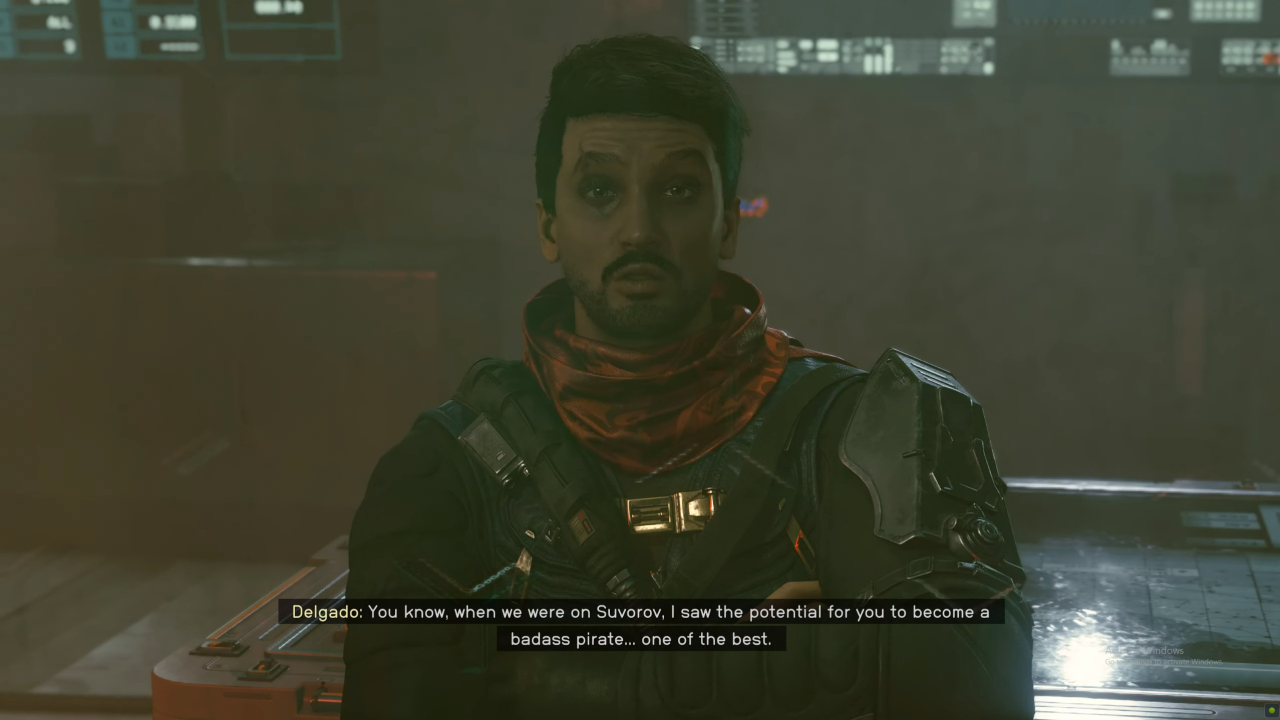 A screenshot from the player's final conversation with Delgado in a pro-SysDef playthrough of the Crimson Fleet questline in Starfield.