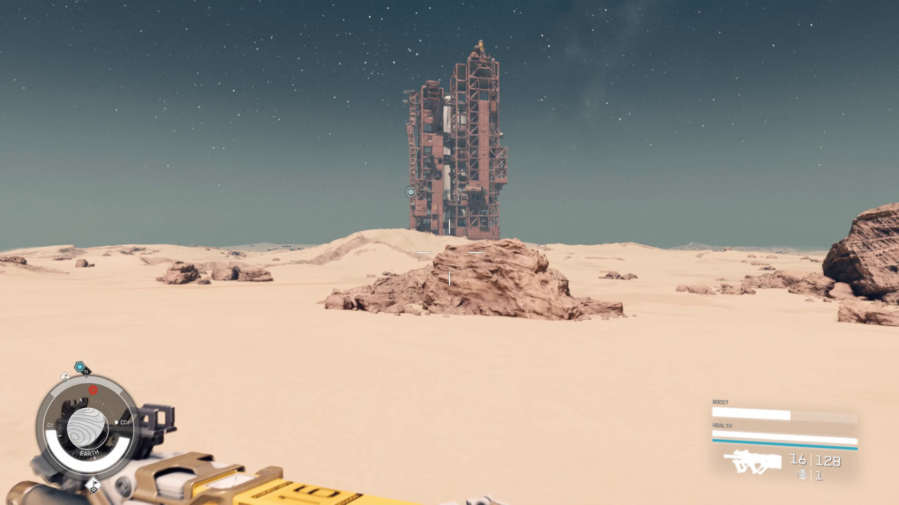 A screenshot of the desolated surface of Earth from Starfield.