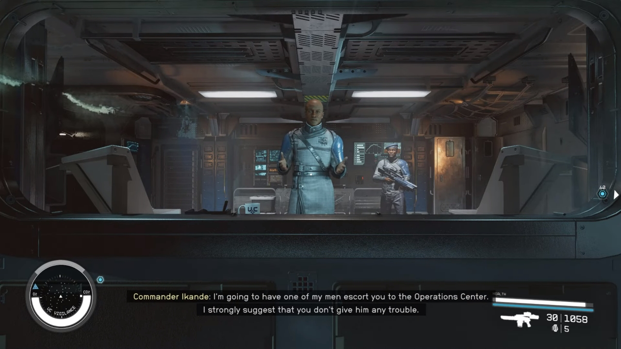 A screenshot of the player under arrest by Commander Ikande from Starfield.