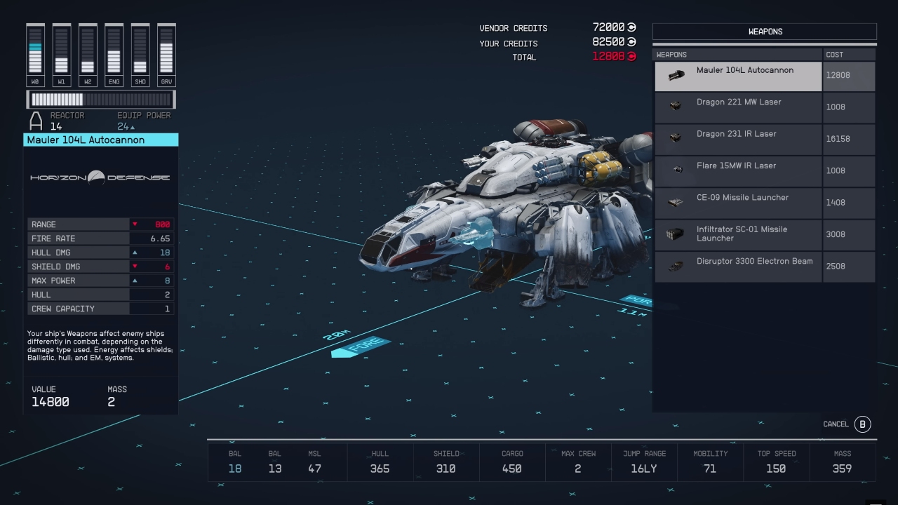 A pre-release screenshot of ship customization in Starfield.