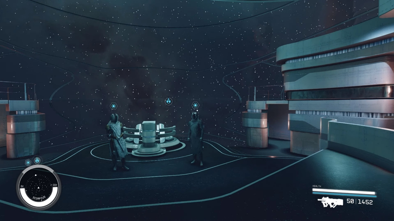 A screenshot of the player meeting with the Hunter and Emissary aboard the Scorpius from Starfield.