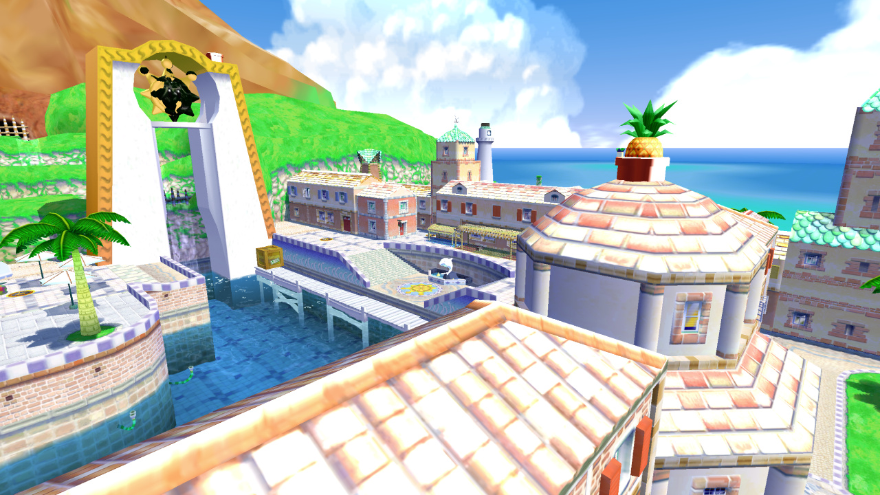 A screenshot of Delfino Plaza, originally featured in Super Mario Sunshine, taken using noclip.website.