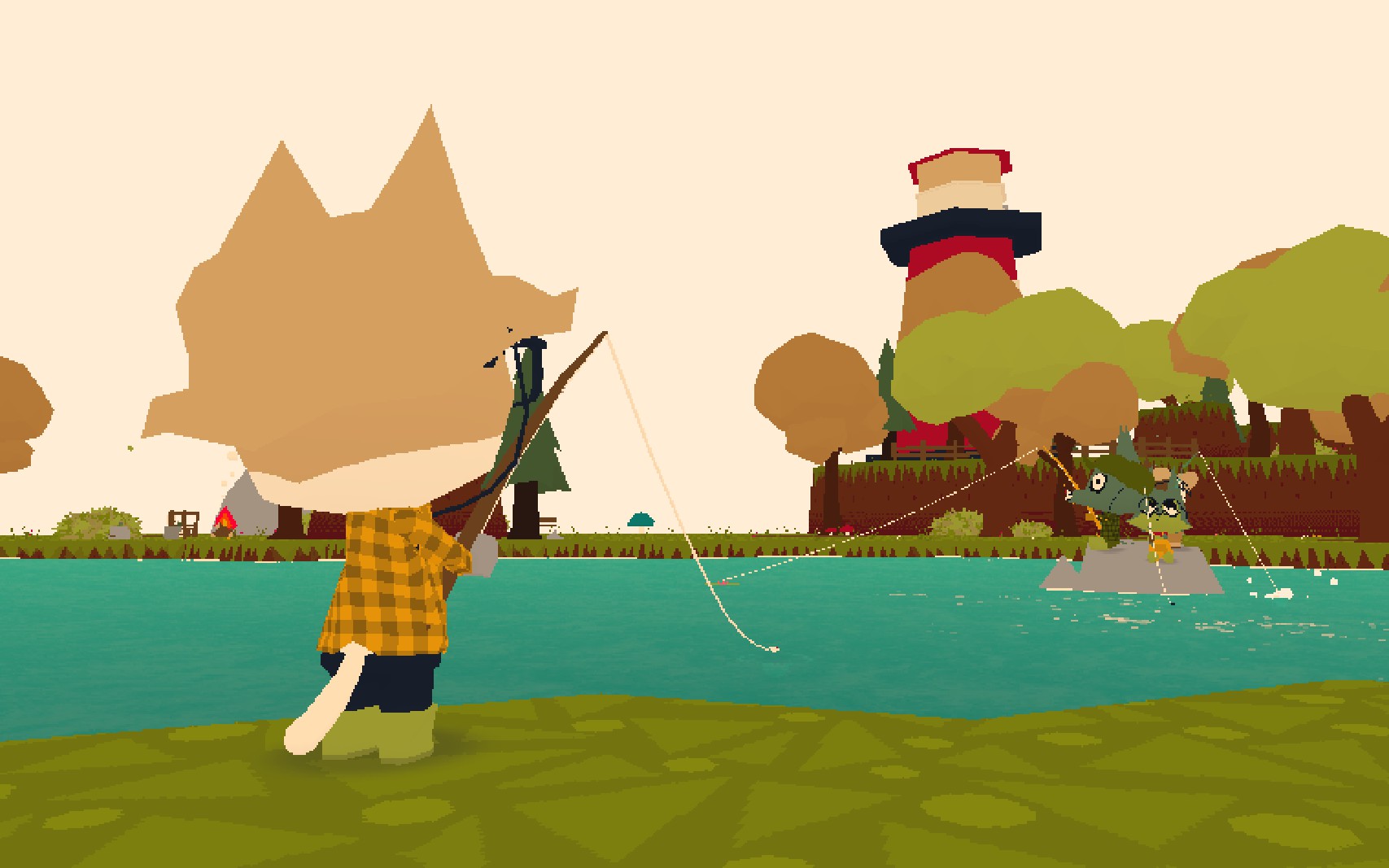 A screenshot of WEBFISHING, with several players in the distance gathered together on a rock.