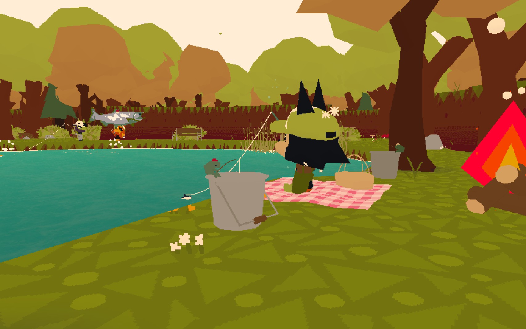 A screenshot of a player on a picnic blanket next to the lake in WEBFISHING.