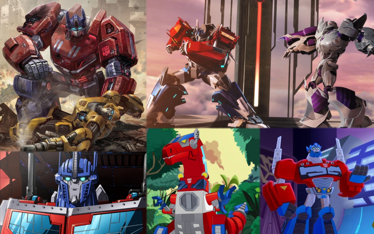 A collage of various shots of Optimus Prime, from across various media that fall under the 'Aligned' continuity family.