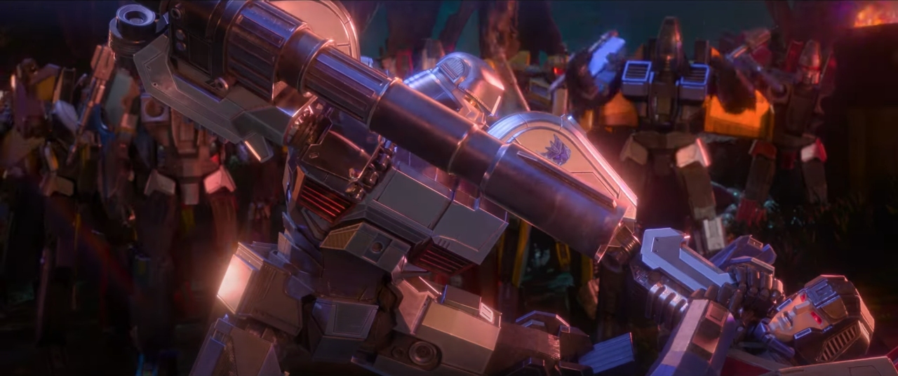 A shot from Transformers One, with D-16 overpowering Starscream in a one-on-one fight.