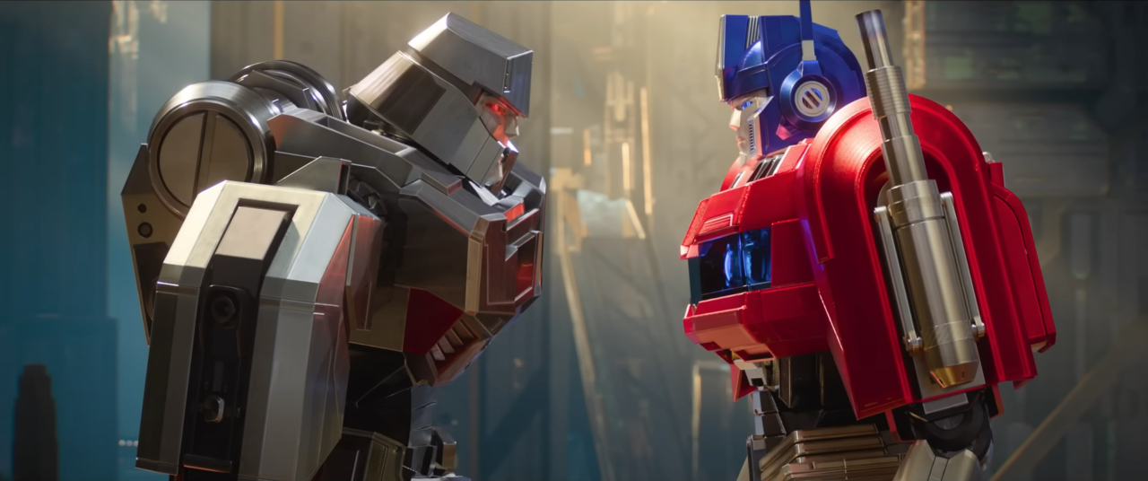 A shot from Transformers One, with Optimus Prime and Megatron in their first showdown.