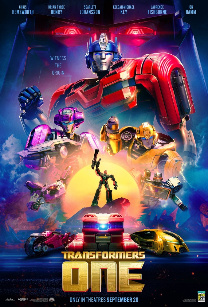 A promotional poster for Transformers One from San Diego Comic-Con.