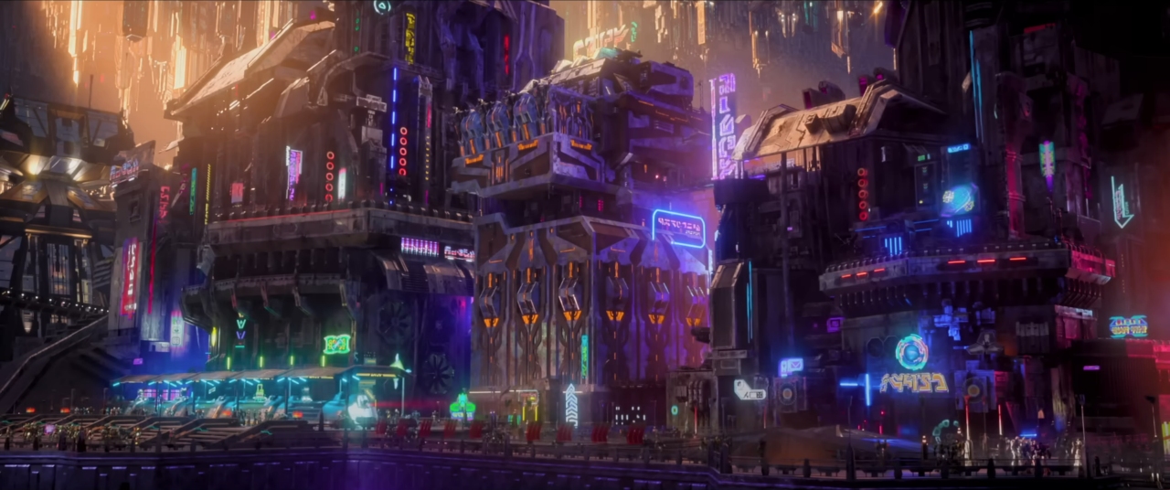 A shot from Transformers One, with a street view of Iacon.