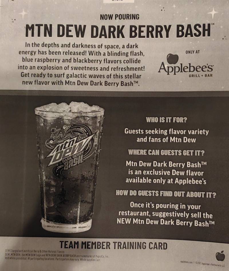 Some kind of employee training flyer for selling Dark Berry Bash