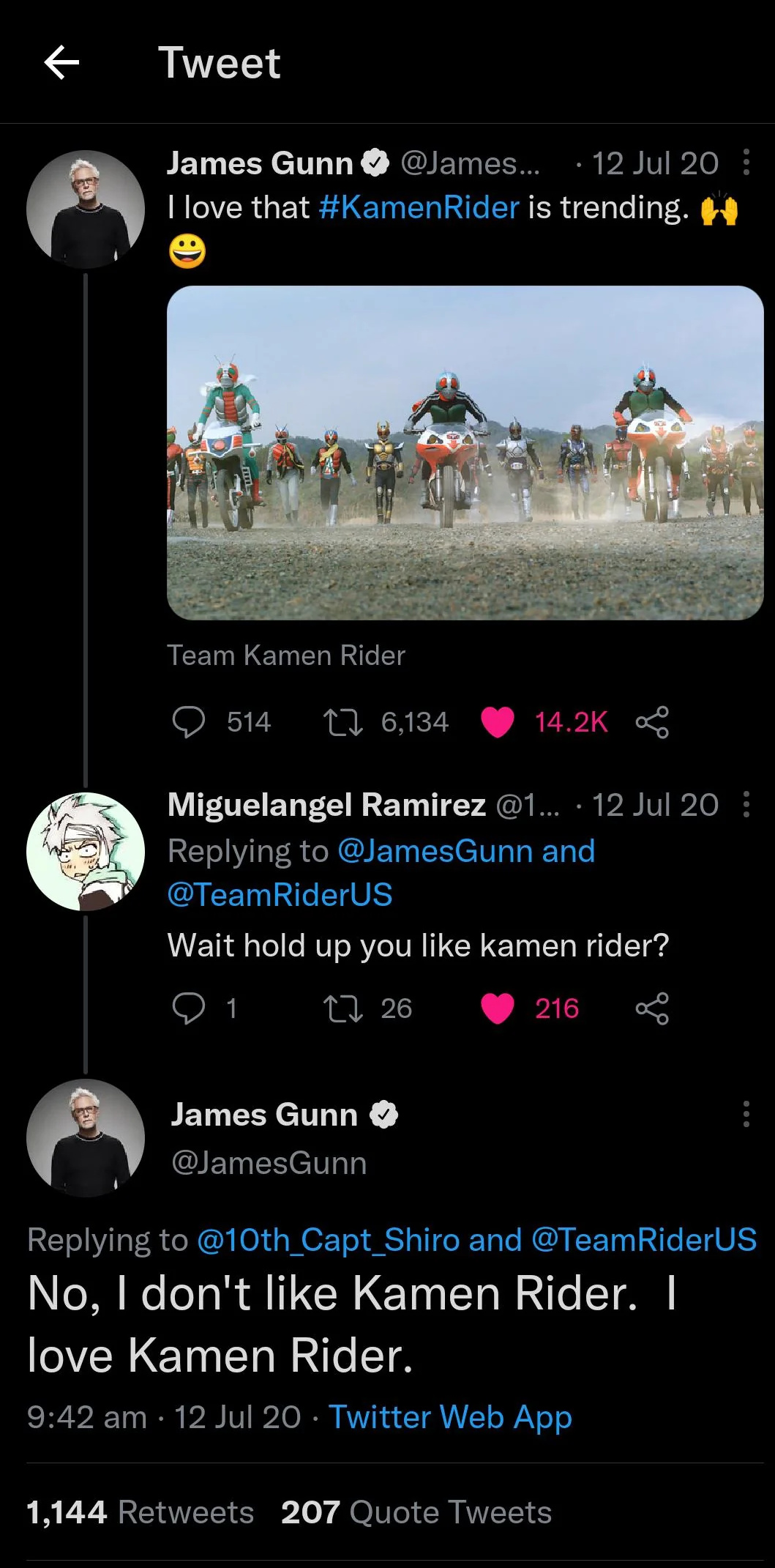 An archived set of tweets where James Gunn proclaims his love for Kamen Rider.