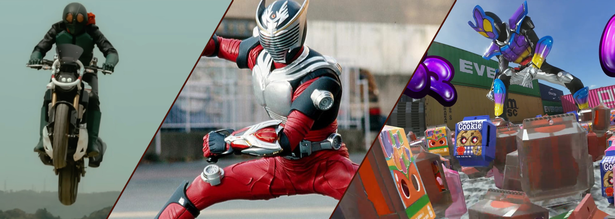 A collage featuring Kamen Rider #1 (taken from the teaser for Shin Kamen Rider), Kamen Rider Ryuki, and Kamen Rider Gavv..