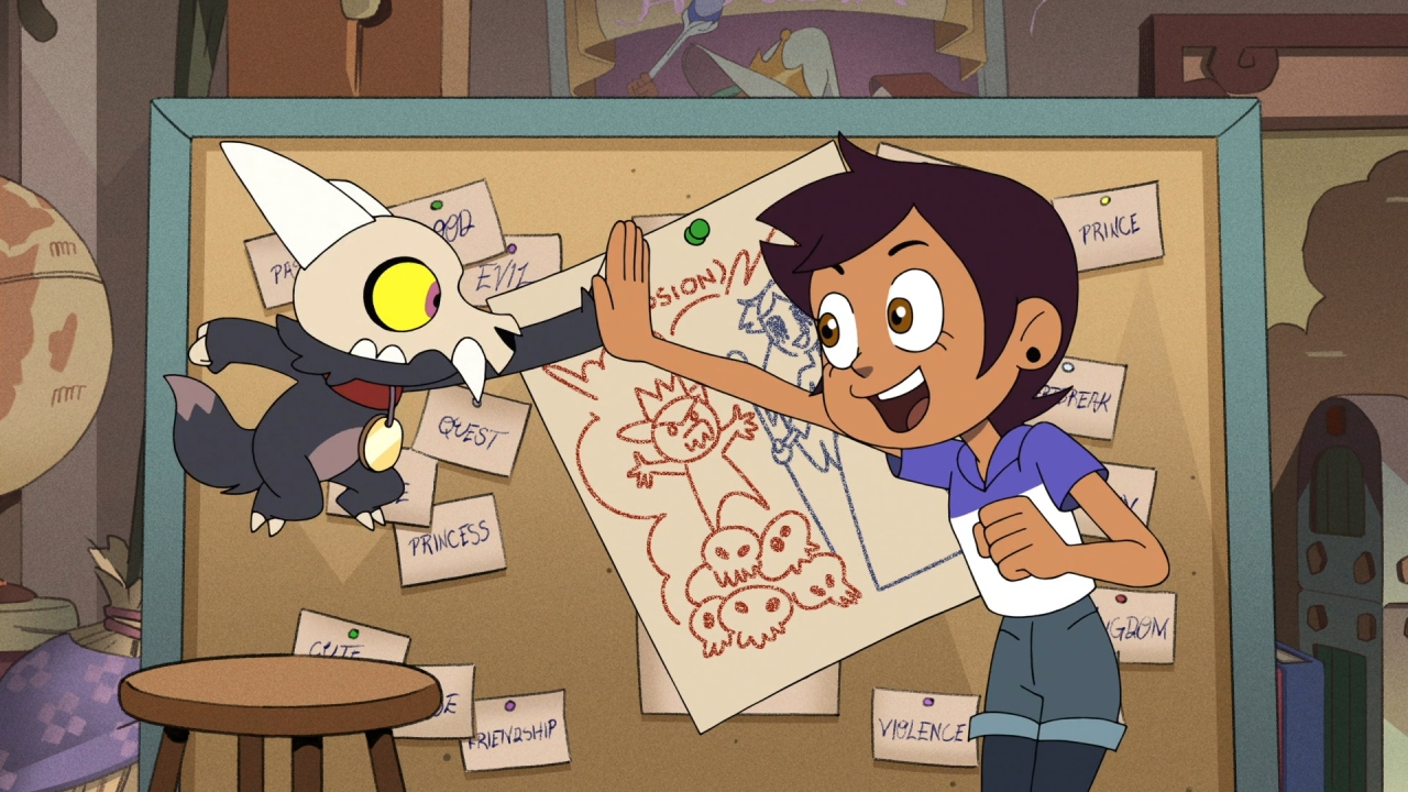 A screenshot from Sense and Insensitivity, with Luz and King high-fiving as they write together.