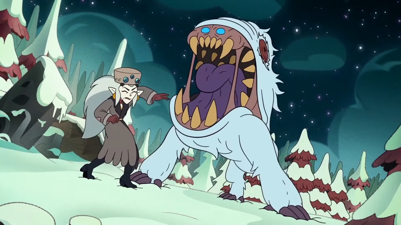 boy the Slitherbeast sure is scary on its FOUR, NON-SLITHERING LEGS >:( A screenshot from Adventures in the Elements, with the Slitherbeast roaring at Eda.