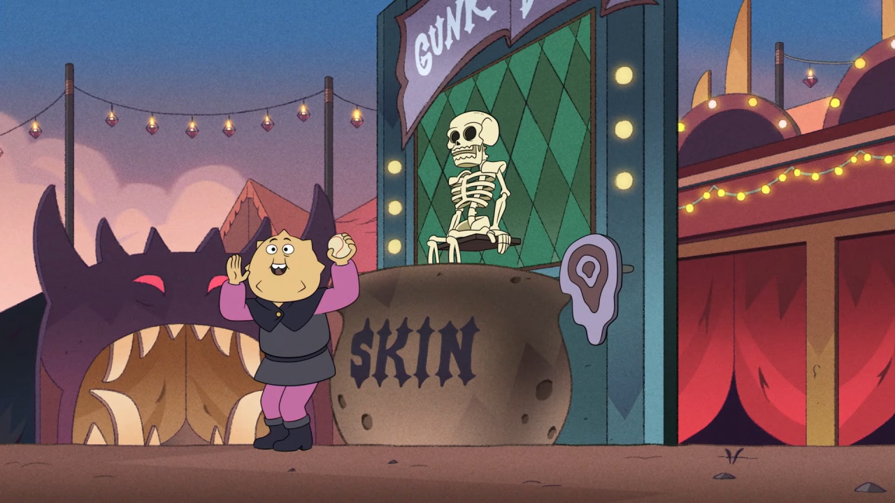 A screenshot from Really Small Problems, with an unnamed Hexside student at a skeleton dunk tank.