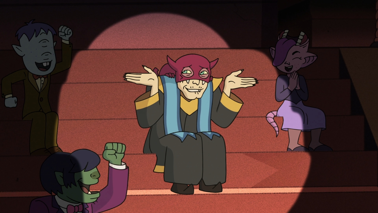 A screenshot from Enchanting Grom Fright, with Principal Bump bashfully raising the roof.