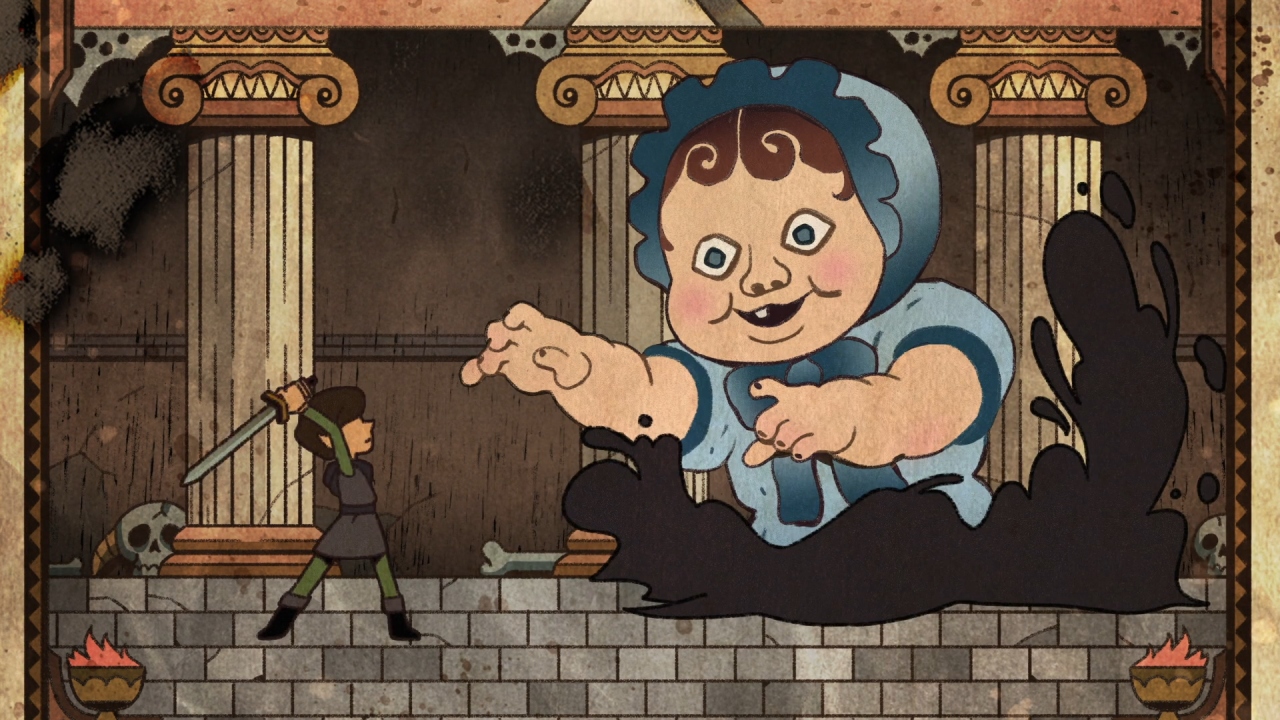 A screenshot from Enchanting Grom Fright, with a tapestry explaining Grometheus, the fear-bringer.