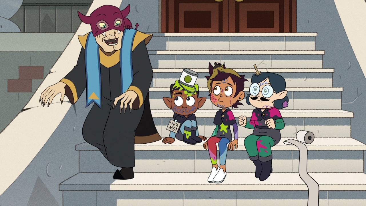 A screenshot from Wing It Like Witches, with Bump passing by the recently-bullied Luz, Gus, and Willow.