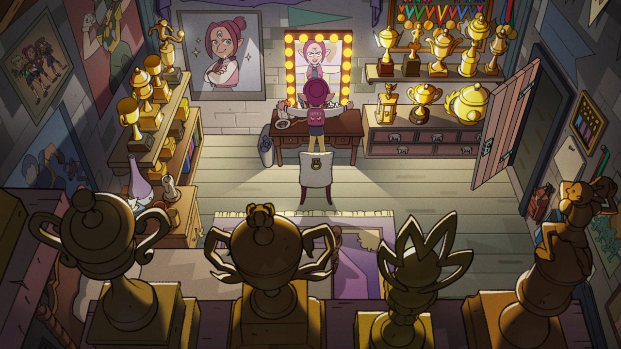 A screenshot from Wing It Like Witches, with Boscha in her room surrounded by her trophies.