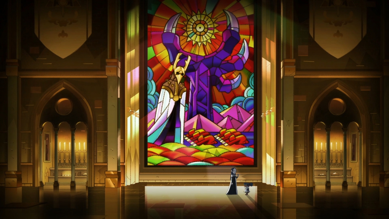 A screenshot from Agony of a Witch, with Lilith and Kikimora standing before a stained glass window of Belos.