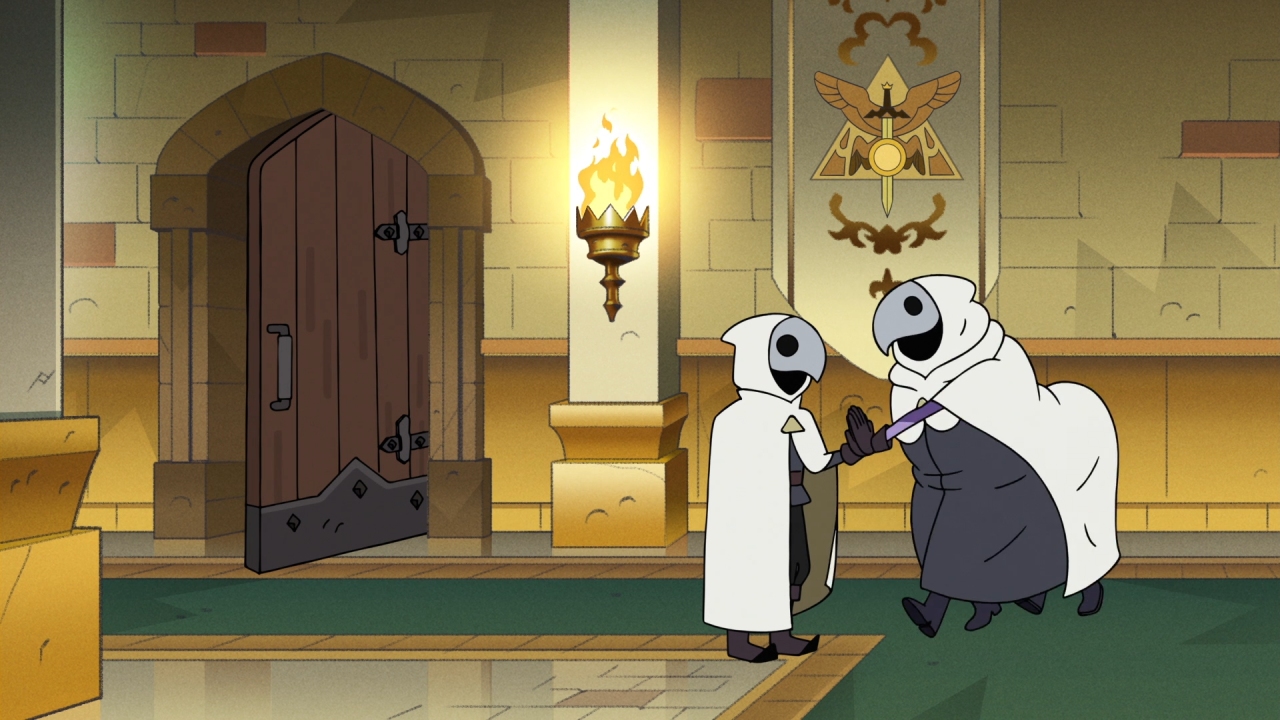 A screenshot from Agony of a Witch, with the Hexside trio high-fiving a guard while in disguise.